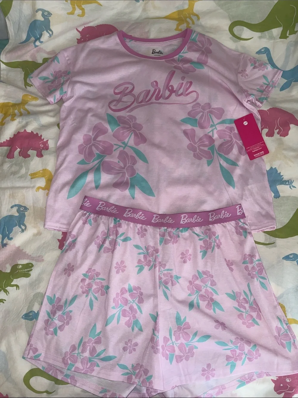 Barbie Pink Floral Short Sleeve Pajama Set with Mint Accents